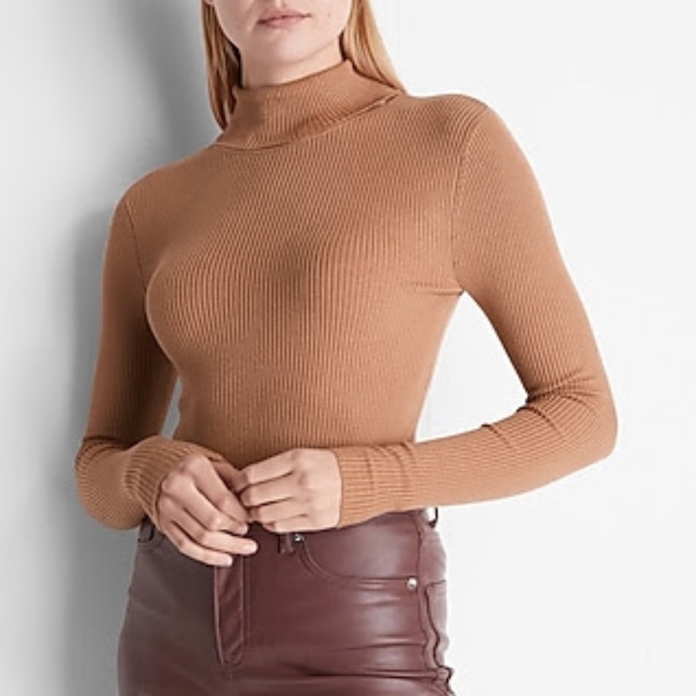 Express Women's Ribbed Fitted Turtleneck Sweater - Brown - Small
